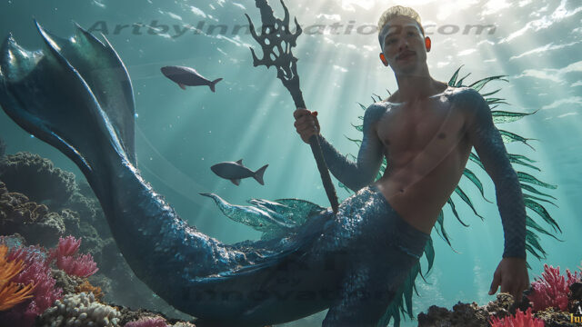 AI-generated HD photos featuring Mermen, The Warriors of the Sea. A collection of over 1,000 AI generated photo images of Mermen Warriors. Shirtless men from all age groups, with slim builds to hot and sexy, muscular body types, and from teenaged boys, to young men, to the handsome Elders. Merman warriors rising from a whirlpool, with a trident in hand, set against a stormy backdrop with dramatic lighting. Vibrant coral reefs, with detailed underwater scenes, highly realistic, with obsidian scales, that shimmer in the sunlight.