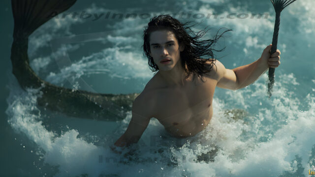 AI-generated HD photos featuring Mermen, The Warriors of the Sea. A collection of over 1,000 AI generated photo images of Mermen Warriors. Shirtless men from all age groups, with slim builds to hot and sexy, muscular body types, and from teenaged boys, to young men, to the handsome Elders. Merman warriors rising from a whirlpool, with a trident in hand, set against a stormy backdrop with dramatic lighting. Vibrant coral reefs, with detailed underwater scenes, highly realistic, with obsidian scales, that shimmer in the sunlight.