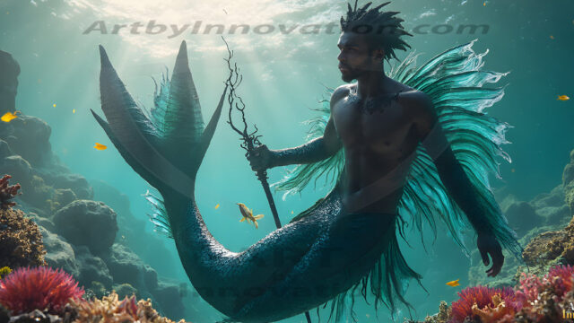 AI-generated HD photos featuring Mermen, The Warriors of the Sea. A collection of over 1,000 AI generated photo images of Mermen Warriors. Shirtless men from all age groups, with slim builds to hot and sexy, muscular body types, and from teenaged boys, to young men, to the handsome Elders. Merman warriors rising from a whirlpool, with a trident in hand, set against a stormy backdrop with dramatic lighting. Vibrant coral reefs, with detailed underwater scenes, highly realistic, with obsidian scales, that shimmer in the sunlight.