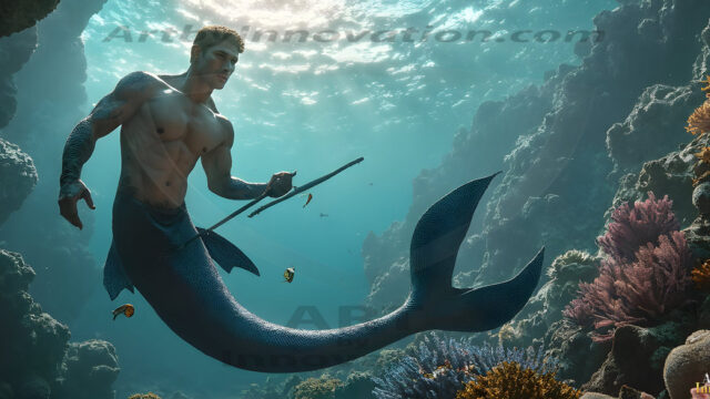 AI-generated HD photos featuring Mermen, The Warriors of the Sea. A collection of over 1,000 AI generated photo images of Mermen Warriors. Shirtless men from all age groups, with slim builds to hot and sexy, muscular body types, and from teenaged boys, to young men, to the handsome Elders. Merman warriors rising from a whirlpool, with a trident in hand, set against a stormy backdrop with dramatic lighting. Vibrant coral reefs, with detailed underwater scenes, highly realistic, with obsidian scales, that shimmer in the sunlight.