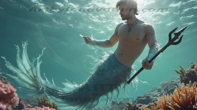 AI-generated HD photos featuring Mermen, The Warriors of the Sea. A collection of over 1,000 AI generated photo images of Mermen Warriors. Shirtless men from all age groups, with slim builds to hot and sexy, muscular body types, and from teenaged boys, to young men, to the handsome Elders. Merman warriors rising from a whirlpool, with a trident in hand, set against a stormy backdrop with dramatic lighting. Vibrant coral reefs, with detailed underwater scenes, highly realistic, with obsidian scales, that shimmer in the sunlight.