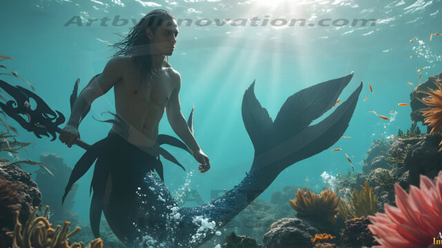 AI-generated HD photos featuring Mermen, The Warriors of the Sea. A collection of over 1,000 AI generated photo images of Mermen Warriors. Shirtless men from all age groups, with slim builds to hot and sexy, muscular body types, and from teenaged boys, to young men, to the handsome Elders. Merman warriors rising from a whirlpool, with a trident in hand, set against a stormy backdrop with dramatic lighting. Vibrant coral reefs, with detailed underwater scenes, highly realistic, with obsidian scales, that shimmer in the sunlight.