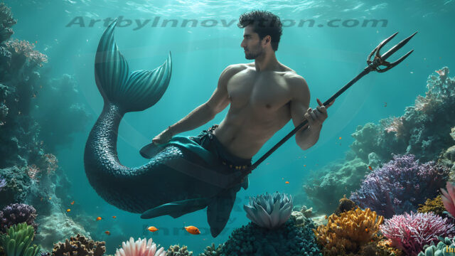 AI-generated HD photos featuring Mermen, The Warriors of the Sea. A collection of over 1,000 AI generated photo images of Mermen Warriors. Shirtless men from all age groups, with slim builds to hot and sexy, muscular body types, and from teenaged boys, to young men, to the handsome Elders. Merman warriors rising from a whirlpool, with a trident in hand, set against a stormy backdrop with dramatic lighting. Vibrant coral reefs, with detailed underwater scenes, highly realistic, with obsidian scales, that shimmer in the sunlight.