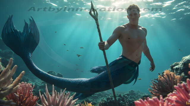 AI-generated HD photos featuring Mermen, The Warriors of the Sea. A collection of over 1,000 AI generated photo images of Mermen Warriors. Shirtless men from all age groups, with slim builds to hot and sexy, muscular body types, and from teenaged boys, to young men, to the handsome Elders. Merman warriors rising from a whirlpool, with a trident in hand, set against a stormy backdrop with dramatic lighting. Vibrant coral reefs, with detailed underwater scenes, highly realistic, with obsidian scales, that shimmer in the sunlight.