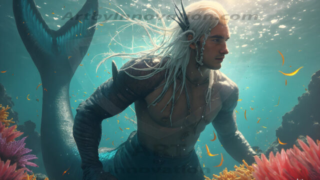 AI-generated HD photos featuring Mermen, The Warriors of the Sea. A collection of over 1,000 AI generated photo images of Mermen Warriors. Shirtless men from all age groups, with slim builds to hot and sexy, muscular body types, and from teenaged boys, to young men, to the handsome Elders. Merman warriors rising from a whirlpool, with a trident in hand, set against a stormy backdrop with dramatic lighting. Vibrant coral reefs, with detailed underwater scenes, highly realistic, with obsidian scales, that shimmer in the sunlight.