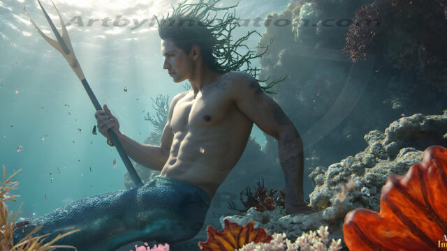 AI-generated HD photos featuring Mermen, The Warriors of the Sea. A collection of over 1,000 AI generated photo images of Mermen Warriors. Shirtless men from all age groups, with slim builds to hot and sexy, muscular body types, and from teenaged boys, to young men, to the handsome Elders. Merman warriors rising from a whirlpool, with a trident in hand, set against a stormy backdrop with dramatic lighting. Vibrant coral reefs, with detailed underwater scenes, highly realistic, with obsidian scales, that shimmer in the sunlight.