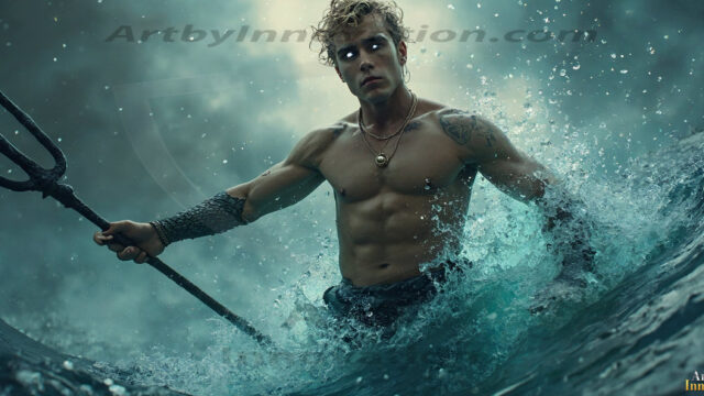 AI-generated HD photos featuring Mermen, The Warriors of the Sea. A collection of over 1,000 AI generated photo images of Mermen Warriors. Shirtless men from all age groups, with slim builds to hot and sexy, muscular body types, and from teenaged boys, to young men, to the handsome Elders. Merman warriors rising from a whirlpool, with a trident in hand, set against a stormy backdrop with dramatic lighting. Vibrant coral reefs, with detailed underwater scenes, highly realistic, with obsidian scales, that shimmer in the sunlight.