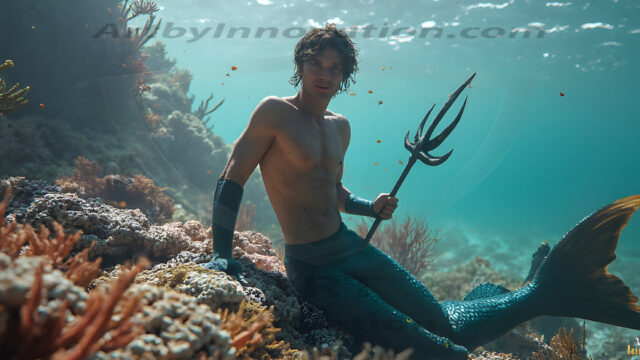 AI-generated HD photos featuring Mermen, The Warriors of the Sea. A collection of over 1,000 AI generated photo images of Mermen Warriors. Shirtless men from all age groups, with slim builds to hot and sexy, muscular body types, and from teenaged boys, to young men, to the handsome Elders. Merman warriors rising from a whirlpool, with a trident in hand, set against a stormy backdrop with dramatic lighting. Vibrant coral reefs, with detailed underwater scenes, highly realistic, with obsidian scales, that shimmer in the sunlight.