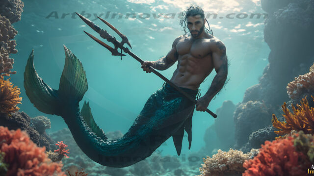 AI-generated HD photos featuring Mermen, The Warriors of the Sea. A collection of over 1,000 AI generated photo images of Mermen Warriors. Shirtless men from all age groups, with slim builds to hot and sexy, muscular body types, and from teenaged boys, to young men, to the handsome Elders. Merman warriors rising from a whirlpool, with a trident in hand, set against a stormy backdrop with dramatic lighting. Vibrant coral reefs, with detailed underwater scenes, highly realistic, with obsidian scales, that shimmer in the sunlight.