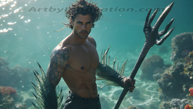 AI-generated HD photos featuring Mermen, The Warriors of the Sea. A collection of over 1,000 AI generated photo images of Mermen Warriors. Shirtless men from all age groups, with slim builds to hot and sexy, muscular body types, and from teenaged boys, to young men, to the handsome Elders. Merman warriors rising from a whirlpool, with a trident in hand, set against a stormy backdrop with dramatic lighting. Vibrant coral reefs, with detailed underwater scenes, highly realistic, with obsidian scales, that shimmer in the sunlight.