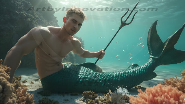 AI-generated HD photos featuring Mermen, The Warriors of the Sea. A collection of over 1,000 AI generated photo images of Mermen Warriors. Shirtless men from all age groups, with slim builds to hot and sexy, muscular body types, and from teenaged boys, to young men, to the handsome Elders. Merman warriors rising from a whirlpool, with a trident in hand, set against a stormy backdrop with dramatic lighting. Vibrant coral reefs, with detailed underwater scenes, highly realistic, with obsidian scales, that shimmer in the sunlight.