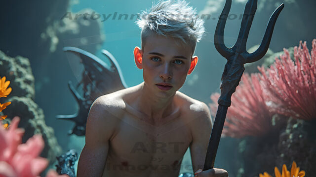 AI-generated HD photos featuring Mermen, The Warriors of the Sea. A collection of over 1,000 AI generated photo images of Mermen Warriors. Shirtless men from all age groups, with slim builds to hot and sexy, muscular body types, and from teenaged boys, to young men, to the handsome Elders. Merman warriors rising from a whirlpool, with a trident in hand, set against a stormy backdrop with dramatic lighting. Vibrant coral reefs, with detailed underwater scenes, highly realistic, with obsidian scales, that shimmer in the sunlight.