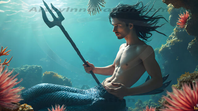 AI-generated HD photos featuring Mermen, The Warriors of the Sea. A collection of over 1,000 AI generated photo images of Mermen Warriors. Shirtless men from all age groups, with slim builds to hot and sexy, muscular body types, and from teenaged boys, to young men, to the handsome Elders. Merman warriors rising from a whirlpool, with a trident in hand, set against a stormy backdrop with dramatic lighting. Vibrant coral reefs, with detailed underwater scenes, highly realistic, with obsidian scales, that shimmer in the sunlight.