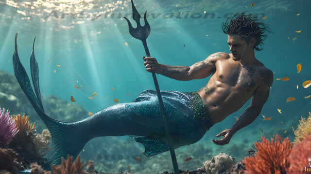 AI-generated HD photos featuring Mermen, The Warriors of the Sea. A collection of over 1,000 AI generated photo images of Mermen Warriors. Shirtless men from all age groups, with slim builds to hot and sexy, muscular body types, and from teenaged boys, to young men, to the handsome Elders. Merman warriors rising from a whirlpool, with a trident in hand, set against a stormy backdrop with dramatic lighting. Vibrant coral reefs, with detailed underwater scenes, highly realistic, with obsidian scales, that shimmer in the sunlight.