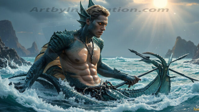 AI-generated HD photos featuring Mermen, The Warriors of the Sea. A collection of over 1,000 AI generated photo images of Mermen Warriors. Shirtless men from all age groups, with slim builds to hot and sexy, muscular body types, and from teenaged boys, to young men, to the handsome Elders. Merman warriors rising from a whirlpool, with a trident in hand, set against a stormy backdrop with dramatic lighting. Vibrant coral reefs, with detailed underwater scenes, highly realistic, with obsidian scales, that shimmer in the sunlight.