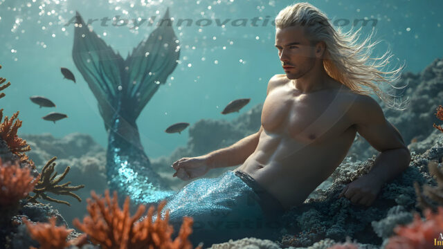 AI-generated HD photos featuring Mermen, The Warriors of the Sea. A collection of over 1,000 AI generated photo images of Mermen Warriors. Shirtless men from all age groups, with slim builds to hot and sexy, muscular body types, and from teenaged boys, to young men, to the handsome Elders. Merman warriors rising from a whirlpool, with a trident in hand, set against a stormy backdrop with dramatic lighting. Vibrant coral reefs, with detailed underwater scenes, highly realistic, with obsidian scales, that shimmer in the sunlight.