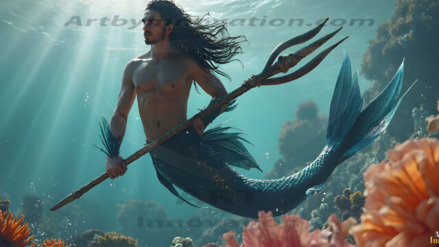 AI-generated HD photos featuring Mermen, The Warriors of the Sea. A collection of over 1,000 AI generated photo images of Mermen Warriors. Shirtless men from all age groups, with slim builds to hot and sexy, muscular body types, and from teenaged boys, to young men, to the handsome Elders. Merman warriors rising from a whirlpool, with a trident in hand, set against a stormy backdrop with dramatic lighting. Vibrant coral reefs, with detailed underwater scenes, highly realistic, with obsidian scales, that shimmer in the sunlight.