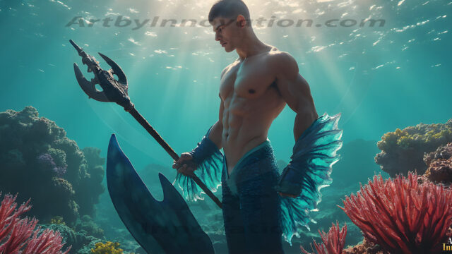 AI-generated HD photos featuring Mermen, The Warriors of the Sea. A collection of over 1,000 AI generated photo images of Mermen Warriors. Shirtless men from all age groups, with slim builds to hot and sexy, muscular body types, and from teenaged boys, to young men, to the handsome Elders. Merman warriors rising from a whirlpool, with a trident in hand, set against a stormy backdrop with dramatic lighting. Vibrant coral reefs, with detailed underwater scenes, highly realistic, with obsidian scales, that shimmer in the sunlight.