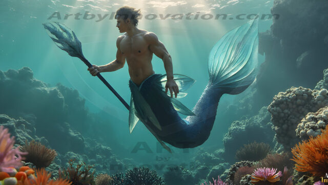 AI-generated HD photos featuring Mermen, The Warriors of the Sea. A collection of over 1,000 AI generated photo images of Mermen Warriors. Shirtless men from all age groups, with slim builds to hot and sexy, muscular body types, and from teenaged boys, to young men, to the handsome Elders. Merman warriors rising from a whirlpool, with a trident in hand, set against a stormy backdrop with dramatic lighting. Vibrant coral reefs, with detailed underwater scenes, highly realistic, with obsidian scales, that shimmer in the sunlight.