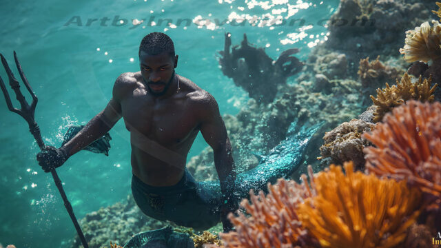 AI-generated HD photos featuring Mermen, The Warriors of the Sea. A collection of over 1,000 AI generated photo images of Mermen Warriors. Shirtless men from all age groups, with slim builds to hot and sexy, muscular body types, and from teenaged boys, to young men, to the handsome Elders. Merman warriors rising from a whirlpool, with a trident in hand, set against a stormy backdrop with dramatic lighting. Vibrant coral reefs, with detailed underwater scenes, highly realistic, with obsidian scales, that shimmer in the sunlight.