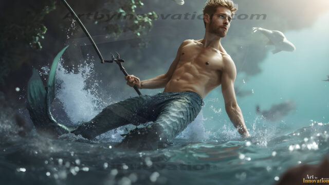 AI-generated HD photos featuring Mermen, The Warriors of the Sea. A collection of over 1,000 AI generated photo images of Mermen Warriors. Shirtless men from all age groups, with slim builds to hot and sexy, muscular body types, and from teenaged boys, to young men, to the handsome Elders. Merman warriors rising from a whirlpool, with a trident in hand, set against a stormy backdrop with dramatic lighting. Vibrant coral reefs, with detailed underwater scenes, highly realistic, with obsidian scales, that shimmer in the sunlight.