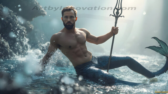 AI-generated HD photos featuring Mermen, The Warriors of the Sea. A collection of over 1,000 AI generated photo images of Mermen Warriors. Shirtless men from all age groups, with slim builds to hot and sexy, muscular body types, and from teenaged boys, to young men, to the handsome Elders. Merman warriors rising from a whirlpool, with a trident in hand, set against a stormy backdrop with dramatic lighting. Vibrant coral reefs, with detailed underwater scenes, highly realistic, with obsidian scales, that shimmer in the sunlight.