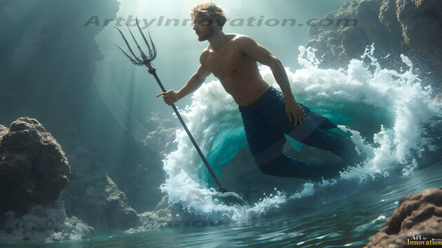 AI-generated HD photos featuring Mermen, The Warriors of the Sea. A collection of over 1,000 AI generated photo images of Mermen Warriors. Shirtless men from all age groups, with slim builds to hot and sexy, muscular body types, and from teenaged boys, to young men, to the handsome Elders. Merman warriors rising from a whirlpool, with a trident in hand, set against a stormy backdrop with dramatic lighting. Vibrant coral reefs, with detailed underwater scenes, highly realistic, with obsidian scales, that shimmer in the sunlight.