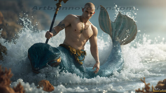 AI-generated HD photos featuring Mermen, The Warriors of the Sea. A collection of over 1,000 AI generated photo images of Mermen Warriors. Shirtless men from all age groups, with slim builds to hot and sexy, muscular body types, and from teenaged boys, to young men, to the handsome Elders. Merman warriors rising from a whirlpool, with a trident in hand, set against a stormy backdrop with dramatic lighting. Vibrant coral reefs, with detailed underwater scenes, highly realistic, with obsidian scales, that shimmer in the sunlight.