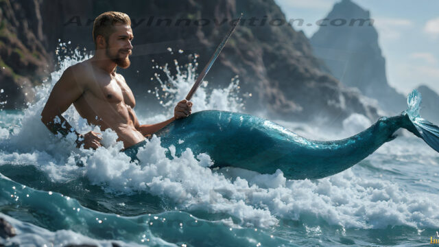 AI-generated HD photos featuring Mermen, The Warriors of the Sea. A collection of over 1,000 AI generated photo images of Mermen Warriors. Shirtless men from all age groups, with slim builds to hot and sexy, muscular body types, and from teenaged boys, to young men, to the handsome Elders. Merman warriors rising from a whirlpool, with a trident in hand, set against a stormy backdrop with dramatic lighting. Vibrant coral reefs, with detailed underwater scenes, highly realistic, with obsidian scales, that shimmer in the sunlight.