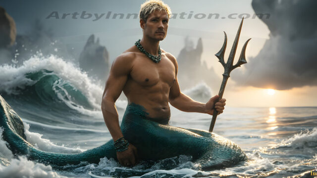 AI-generated HD photos featuring Mermen, The Warriors of the Sea. A collection of over 1,000 AI generated photo images of Mermen Warriors. Shirtless men from all age groups, with slim builds to hot and sexy, muscular body types, and from teenaged boys, to young men, to the handsome Elders. Merman warriors rising from a whirlpool, with a trident in hand, set against a stormy backdrop with dramatic lighting. Vibrant coral reefs, with detailed underwater scenes, highly realistic, with obsidian scales, that shimmer in the sunlight.