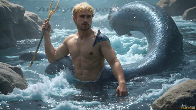 AI-generated HD photos featuring Mermen, The Warriors of the Sea. A collection of over 1,000 AI generated photo images of Mermen Warriors. Shirtless men from all age groups, with slim builds to hot and sexy, muscular body types, and from teenaged boys, to young men, to the handsome Elders. Merman warriors rising from a whirlpool, with a trident in hand, set against a stormy backdrop with dramatic lighting. Vibrant coral reefs, with detailed underwater scenes, highly realistic, with obsidian scales, that shimmer in the sunlight.