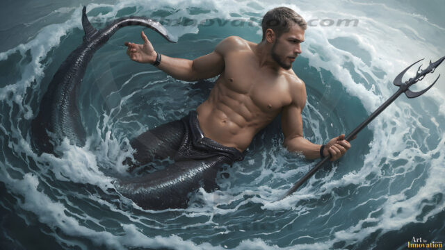 AI-generated HD photos featuring Mermen, The Warriors of the Sea. A collection of over 1,000 AI generated photo images of Mermen Warriors. Shirtless men from all age groups, with slim builds to hot and sexy, muscular body types, and from teenaged boys, to young men, to the handsome Elders. Merman warriors rising from a whirlpool, with a trident in hand, set against a stormy backdrop with dramatic lighting. Vibrant coral reefs, with detailed underwater scenes, highly realistic, with obsidian scales, that shimmer in the sunlight.
