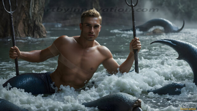 AI-generated HD photos featuring Mermen, The Warriors of the Sea. A collection of over 1,000 AI generated photo images of Mermen Warriors. Shirtless men from all age groups, with slim builds to hot and sexy, muscular body types, and from teenaged boys, to young men, to the handsome Elders. Merman warriors rising from a whirlpool, with a trident in hand, set against a stormy backdrop with dramatic lighting. Vibrant coral reefs, with detailed underwater scenes, highly realistic, with obsidian scales, that shimmer in the sunlight.