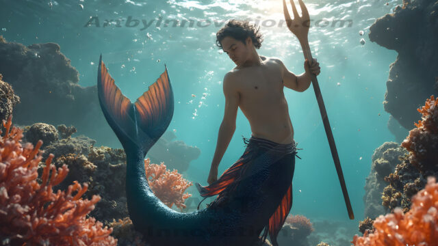AI-generated HD photos featuring Mermen, The Warriors of the Sea. A collection of over 1,000 AI generated photo images of Mermen Warriors. Shirtless men from all age groups, with slim builds to hot and sexy, muscular body types, and from teenaged boys, to young men, to the handsome Elders. Merman warriors rising from a whirlpool, with a trident in hand, set against a stormy backdrop with dramatic lighting. Vibrant coral reefs, with detailed underwater scenes, highly realistic, with obsidian scales, that shimmer in the sunlight.