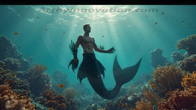 AI-generated HD photos featuring Mermen, The Warriors of the Sea. A collection of over 1,000 AI generated photo images of Mermen Warriors. Shirtless men from all age groups, with slim builds to hot and sexy, muscular body types, and from teenaged boys, to young men, to the handsome Elders. Merman warriors rising from a whirlpool, with a trident in hand, set against a stormy backdrop with dramatic lighting. Vibrant coral reefs, with detailed underwater scenes, highly realistic, with obsidian scales, that shimmer in the sunlight.
