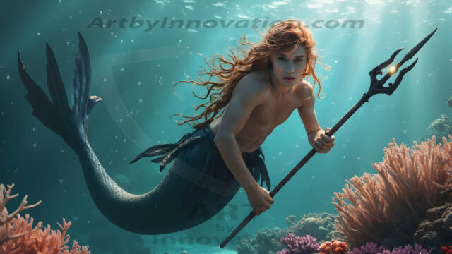 AI-generated HD photos featuring Mermen, The Warriors of the Sea. A collection of over 1,000 AI generated photo images of Mermen Warriors. Shirtless men from all age groups, with slim builds to hot and sexy, muscular body types, and from teenaged boys, to young men, to the handsome Elders. Merman warriors rising from a whirlpool, with a trident in hand, set against a stormy backdrop with dramatic lighting. Vibrant coral reefs, with detailed underwater scenes, highly realistic, with obsidian scales, that shimmer in the sunlight.