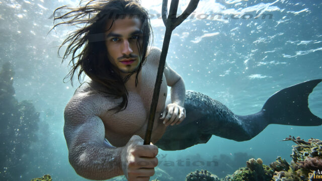 AI-generated HD photos featuring Mermen, The Warriors of the Sea. A collection of over 1,000 AI generated photo images of Mermen Warriors. Shirtless men from all age groups, with slim builds to hot and sexy, muscular body types, and from teenaged boys, to young men, to the handsome Elders. Merman warriors rising from a whirlpool, with a trident in hand, set against a stormy backdrop with dramatic lighting. Vibrant coral reefs, with detailed underwater scenes, highly realistic, with obsidian scales, that shimmer in the sunlight.