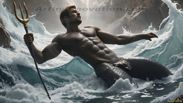 AI-generated HD photos featuring Mermen, The Warriors of the Sea. A collection of over 1,000 AI generated photo images of Mermen Warriors. Shirtless men from all age groups, with slim builds to hot and sexy, muscular body types, and from teenaged boys, to young men, to the handsome Elders. Merman warriors rising from a whirlpool, with a trident in hand, set against a stormy backdrop with dramatic lighting. Vibrant coral reefs, with detailed underwater scenes, highly realistic, with obsidian scales, that shimmer in the sunlight.