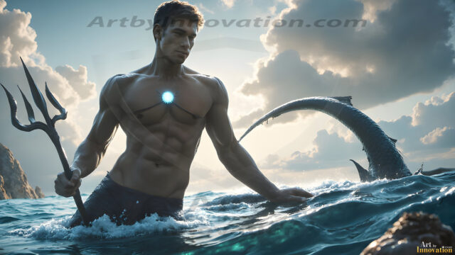 AI-generated HD photos featuring Mermen, The Warriors of the Sea. A collection of over 1,000 AI generated photo images of Mermen Warriors. Shirtless men from all age groups, with slim builds to hot and sexy, muscular body types, and from teenaged boys, to young men, to the handsome Elders. Merman warriors rising from a whirlpool, with a trident in hand, set against a stormy backdrop with dramatic lighting. Vibrant coral reefs, with detailed underwater scenes, highly realistic, with obsidian scales, that shimmer in the sunlight.