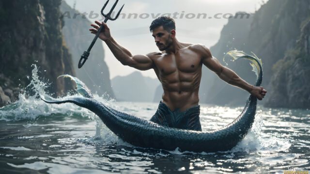 AI-generated HD photos featuring Mermen, The Warriors of the Sea. A collection of over 1,000 AI generated photo images of Mermen Warriors. Shirtless men from all age groups, with slim builds to hot and sexy, muscular body types, and from teenaged boys, to young men, to the handsome Elders. Merman warriors rising from a whirlpool, with a trident in hand, set against a stormy backdrop with dramatic lighting. Vibrant coral reefs, with detailed underwater scenes, highly realistic, with obsidian scales, that shimmer in the sunlight.