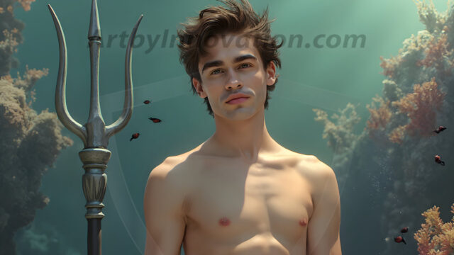 AI-generated HD photos featuring Mermen, The Warriors of the Sea. A collection of over 1,000 AI generated photo images of Mermen Warriors. Shirtless men from all age groups, with slim builds to hot and sexy, muscular body types, and from teenaged boys, to young men, to the handsome Elders. Merman warriors rising from a whirlpool, with a trident in hand, set against a stormy backdrop with dramatic lighting. Vibrant coral reefs, with detailed underwater scenes, highly realistic, with obsidian scales, that shimmer in the sunlight.