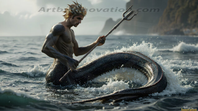 AI-generated HD photos featuring Mermen, The Warriors of the Sea. A collection of over 1,000 AI generated photo images of Mermen Warriors. Shirtless men from all age groups, with slim builds to hot and sexy, muscular body types, and from teenaged boys, to young men, to the handsome Elders. Merman warriors rising from a whirlpool, with a trident in hand, set against a stormy backdrop with dramatic lighting. Vibrant coral reefs, with detailed underwater scenes, highly realistic, with obsidian scales, that shimmer in the sunlight.