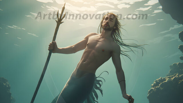 AI-generated HD photos featuring Mermen, The Warriors of the Sea. A collection of over 1,000 AI generated photo images of Mermen Warriors. Shirtless men from all age groups, with slim builds to hot and sexy, muscular body types, and from teenaged boys, to young men, to the handsome Elders. Merman warriors rising from a whirlpool, with a trident in hand, set against a stormy backdrop with dramatic lighting. Vibrant coral reefs, with detailed underwater scenes, highly realistic, with obsidian scales, that shimmer in the sunlight.