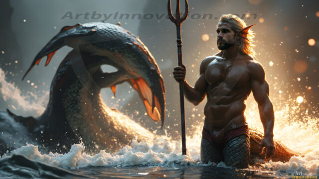 AI-generated HD photos featuring Mermen, The Warriors of the Sea. A collection of over 1,000 AI generated photo images of Mermen Warriors. Shirtless men from all age groups, with slim builds to hot and sexy, muscular body types, and from teenaged boys, to young men, to the handsome Elders. Merman warriors rising from a whirlpool, with a trident in hand, set against a stormy backdrop with dramatic lighting. Vibrant coral reefs, with detailed underwater scenes, highly realistic, with obsidian scales, that shimmer in the sunlight.
