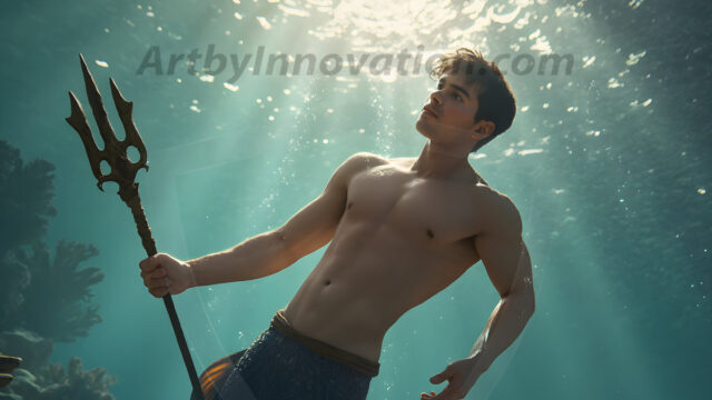 AI-generated HD photos featuring Mermen, The Warriors of the Sea. A collection of over 1,000 AI generated photo images of Mermen Warriors. Shirtless men from all age groups, with slim builds to hot and sexy, muscular body types, and from teenaged boys, to young men, to the handsome Elders. Merman warriors rising from a whirlpool, with a trident in hand, set against a stormy backdrop with dramatic lighting. Vibrant coral reefs, with detailed underwater scenes, highly realistic, with obsidian scales, that shimmer in the sunlight.