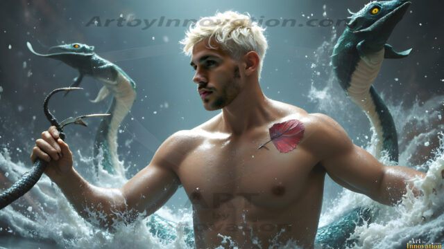 AI-generated HD photos featuring Mermen, The Warriors of the Sea. A collection of over 1,000 AI generated photo images of Mermen Warriors. Shirtless men from all age groups, with slim builds to hot and sexy, muscular body types, and from teenaged boys, to young men, to the handsome Elders. Merman warriors rising from a whirlpool, with a trident in hand, set against a stormy backdrop with dramatic lighting. Vibrant coral reefs, with detailed underwater scenes, highly realistic, with obsidian scales, that shimmer in the sunlight.