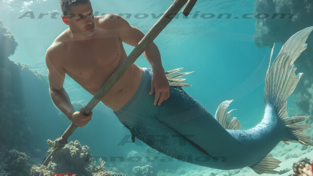 AI-generated HD photos featuring Mermen, The Warriors of the Sea. A collection of over 1,000 AI generated photo images of Mermen Warriors. Shirtless men from all age groups, with slim builds to hot and sexy, muscular body types, and from teenaged boys, to young men, to the handsome Elders. Merman warriors rising from a whirlpool, with a trident in hand, set against a stormy backdrop with dramatic lighting. Vibrant coral reefs, with detailed underwater scenes, highly realistic, with obsidian scales, that shimmer in the sunlight.