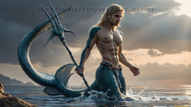AI-generated HD photos featuring Mermen, The Warriors of the Sea. A collection of over 1,000 AI generated photo images of Mermen Warriors. Shirtless men from all age groups, with slim builds to hot and sexy, muscular body types, and from teenaged boys, to young men, to the handsome Elders. Merman warriors rising from a whirlpool, with a trident in hand, set against a stormy backdrop with dramatic lighting. Vibrant coral reefs, with detailed underwater scenes, highly realistic, with obsidian scales, that shimmer in the sunlight.