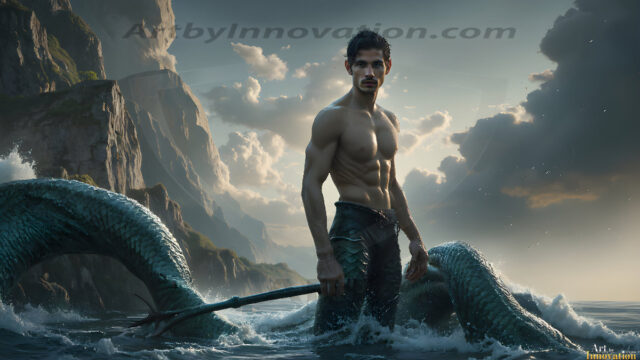 AI-generated HD photos featuring Mermen, The Warriors of the Sea. A collection of over 1,000 AI generated photo images of Mermen Warriors. Shirtless men from all age groups, with slim builds to hot and sexy, muscular body types, and from teenaged boys, to young men, to the handsome Elders. Merman warriors rising from a whirlpool, with a trident in hand, set against a stormy backdrop with dramatic lighting. Vibrant coral reefs, with detailed underwater scenes, highly realistic, with obsidian scales, that shimmer in the sunlight.