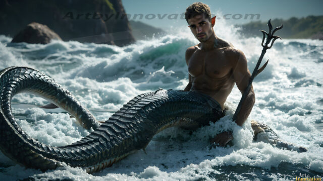 AI-generated HD photos featuring Mermen, The Warriors of the Sea. A collection of over 1,000 AI generated photo images of Mermen Warriors. Shirtless men from all age groups, with slim builds to hot and sexy, muscular body types, and from teenaged boys, to young men, to the handsome Elders. Merman warriors rising from a whirlpool, with a trident in hand, set against a stormy backdrop with dramatic lighting. Vibrant coral reefs, with detailed underwater scenes, highly realistic, with obsidian scales, that shimmer in the sunlight.